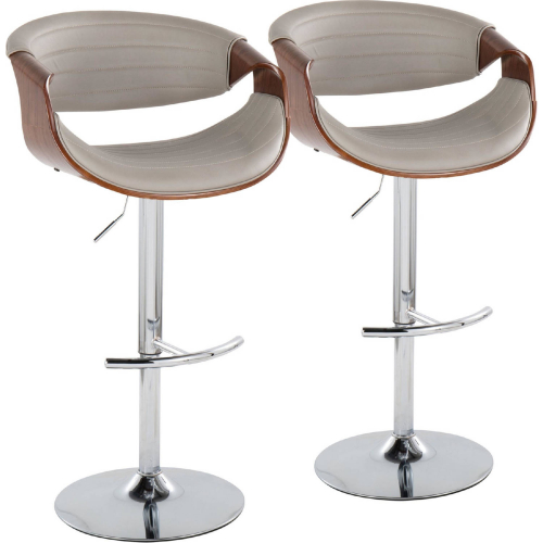 Symphony Adjustable Swivel Bar Stool in Chrome, Walnut Wood & Grey Leatherette (Set of 2)